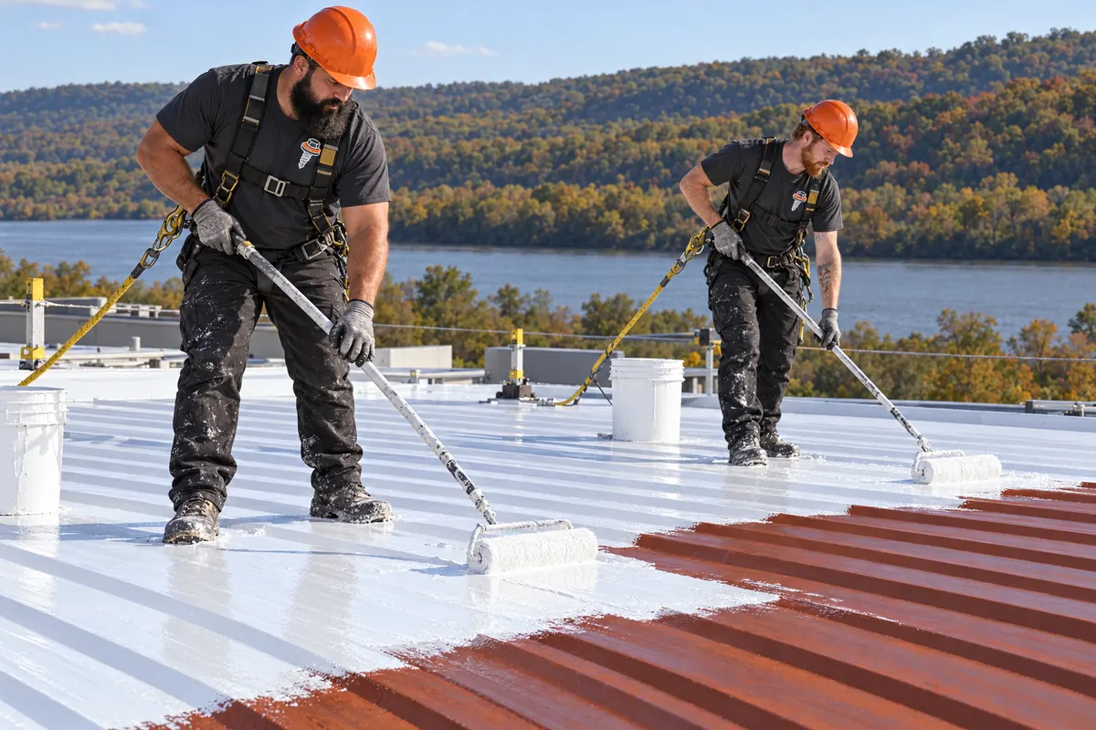 Crew in logo uniforms rolling white coating over a red metal panel roof near Clarksville, Indiana