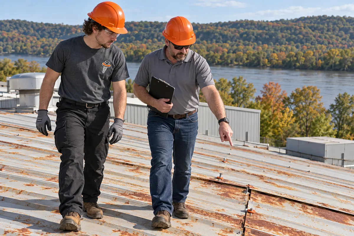 Crew lead and building owner walking a metal roof together
