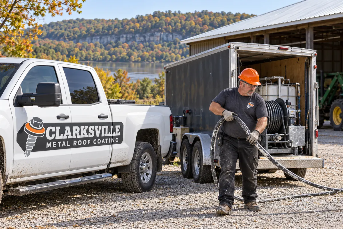 Spray rig trailer and pickup with the company logo parked beside a metal building