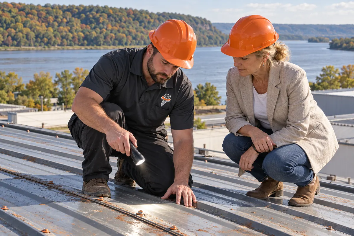 Roofer with a flashlight checking screw heads on a metal roof beside a building owner