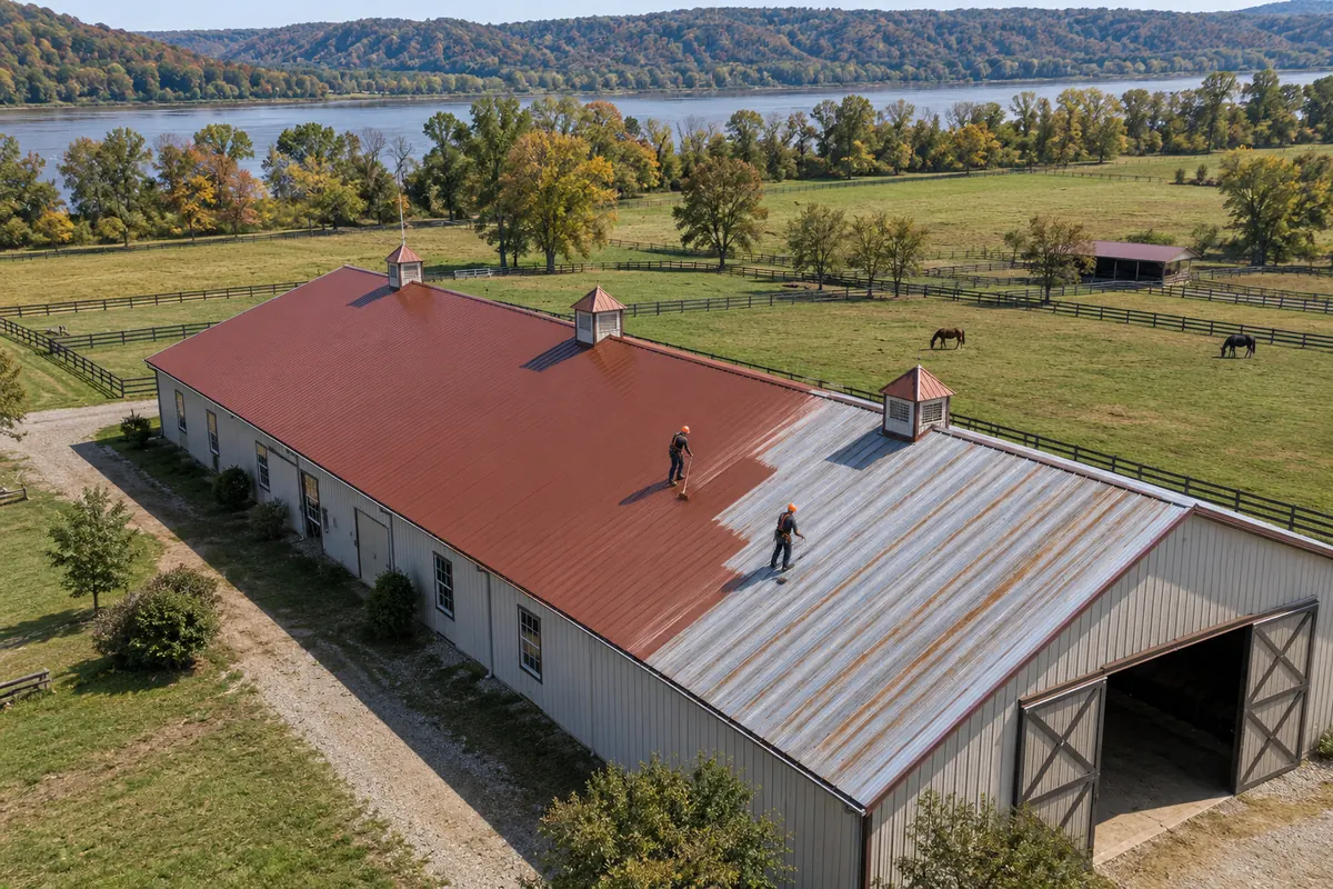 Aerial view of a long metal barn roof partly coated in white