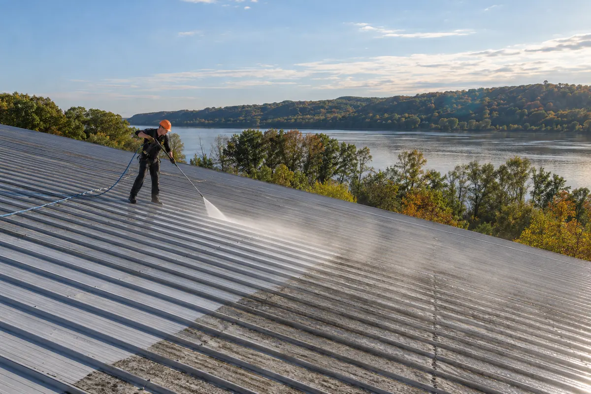 Crew member pressure washing a metal roof before coating