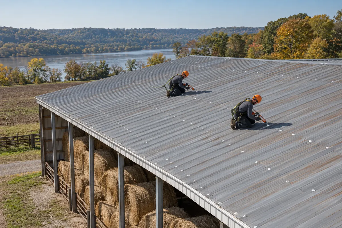 Two roofers in logo shirts sealing seams on a hay barn's metal roof