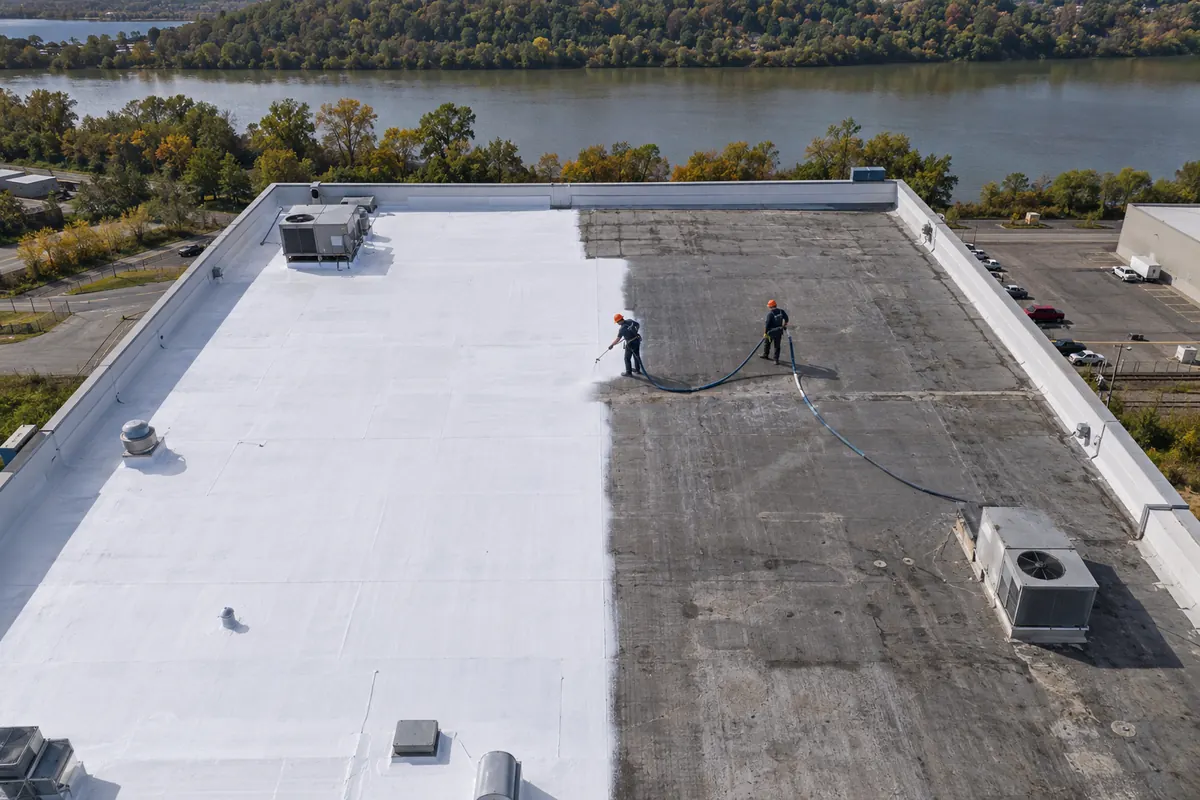 Large flat commercial roof half coated in white silicone, seen from above