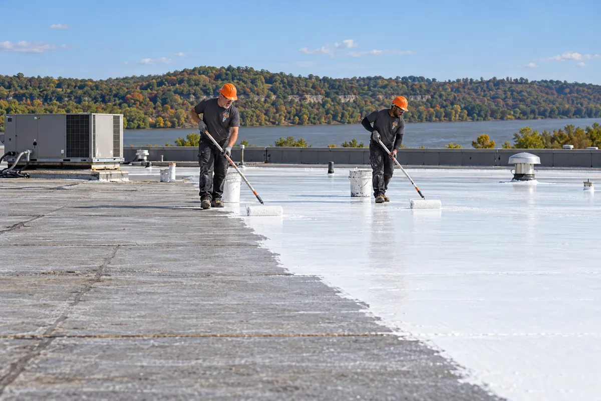 Two roofers rolling bright white acrylic coating across a commercial roof