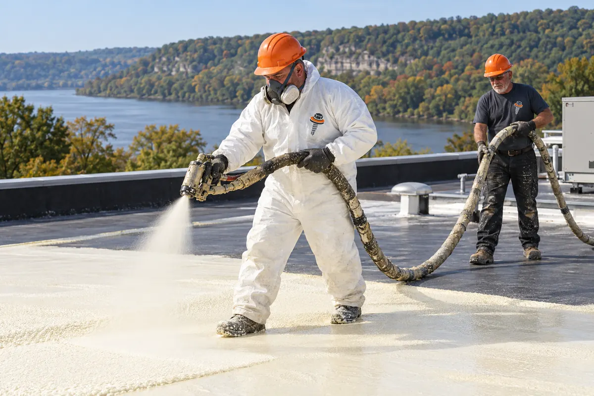 Roofer in a white suit spraying foam insulation over a commercial roof