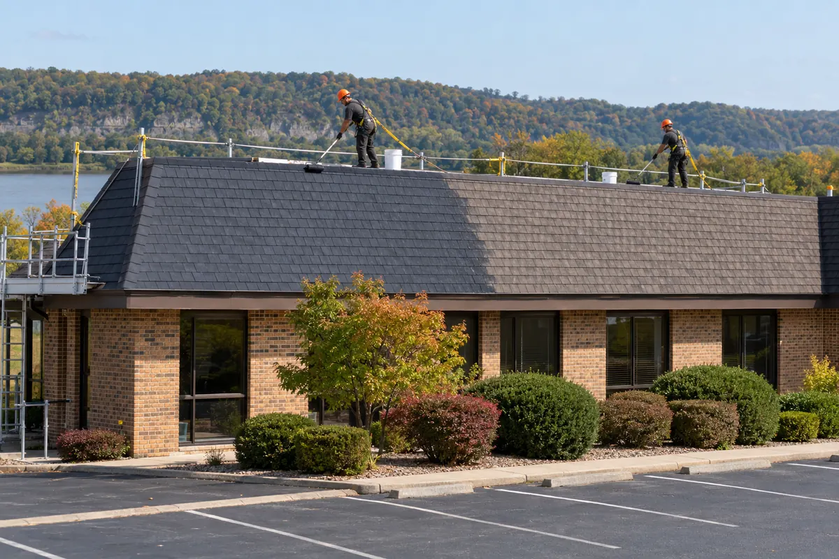 Two roofers working on the shingle roof of a brick office building