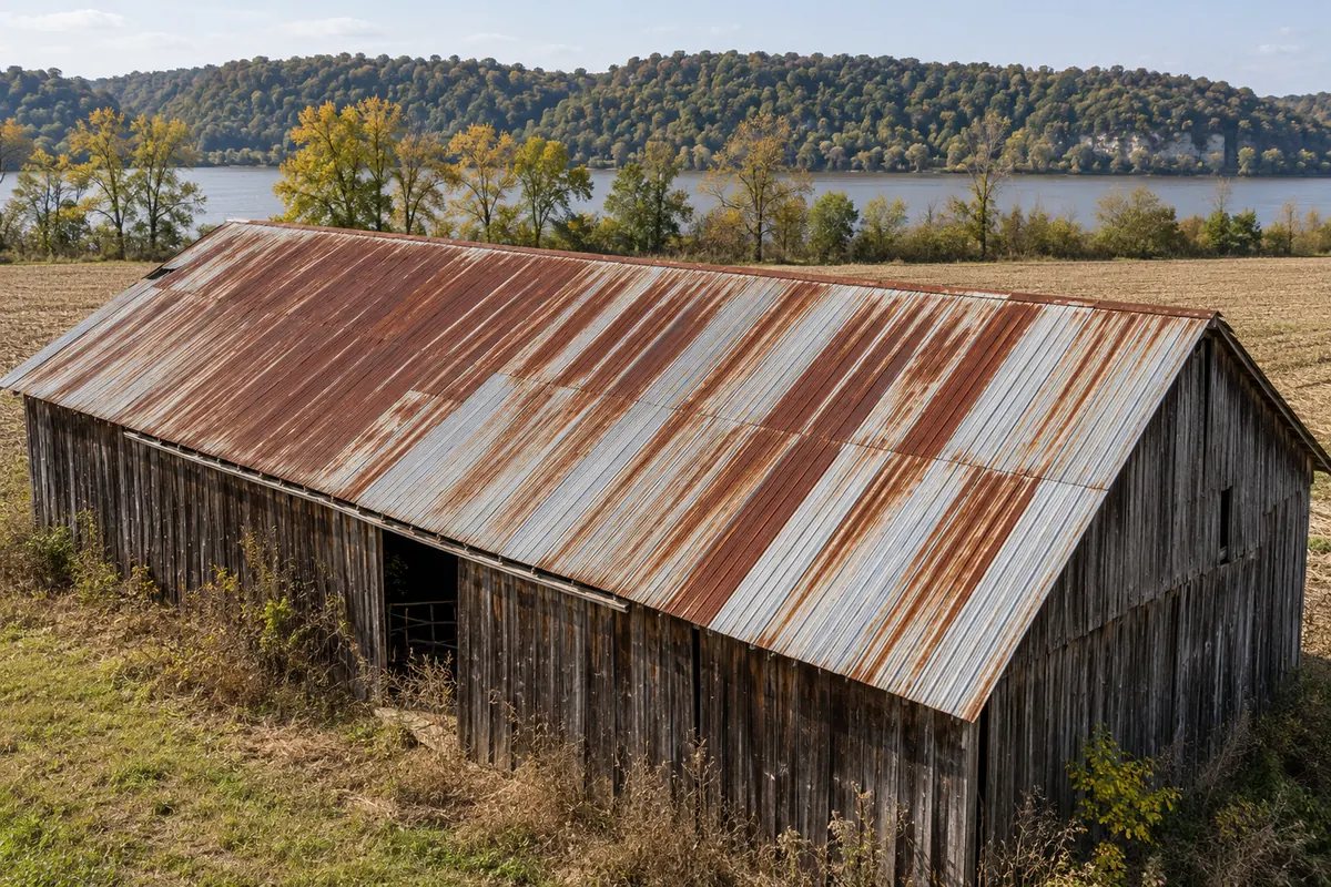 Weathered metal barn roof streaked with rust