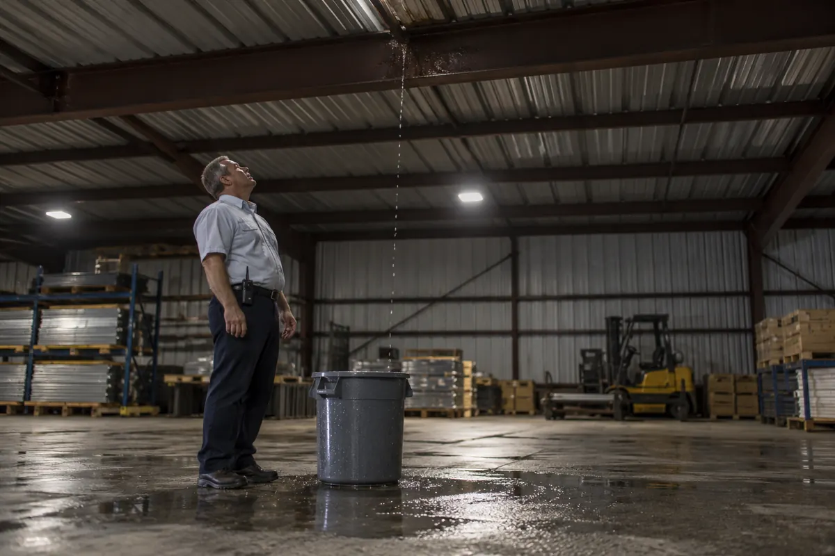 Facility manager checking a drip into a bucket inside a metal warehouse