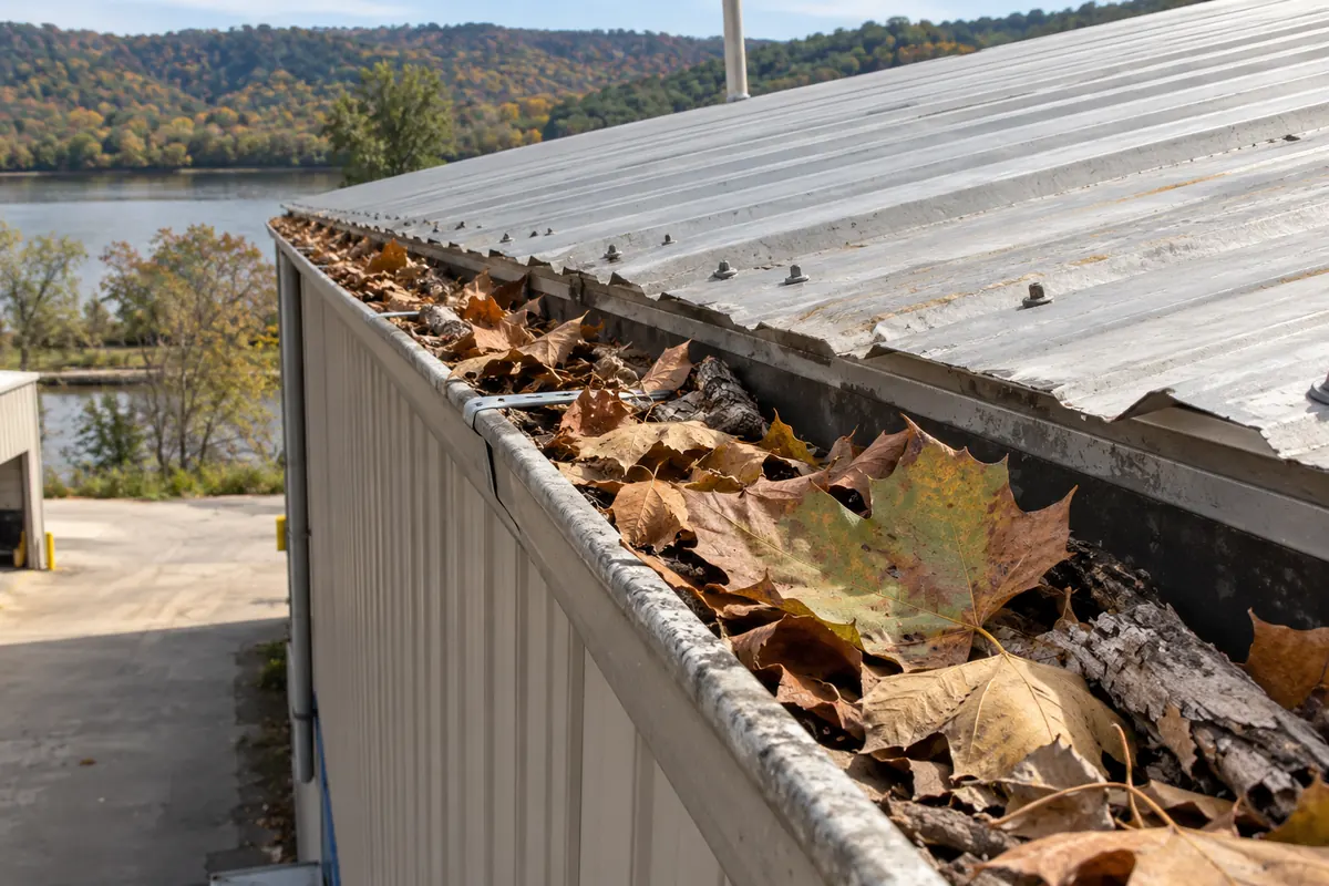 Leaves and debris packed in a gutter along a metal roof edge