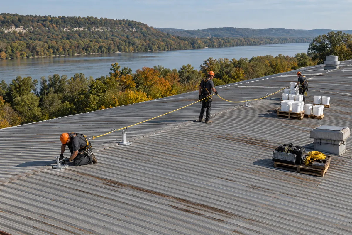 Roofers staging supplies on a metal roof high above a wooded river valley