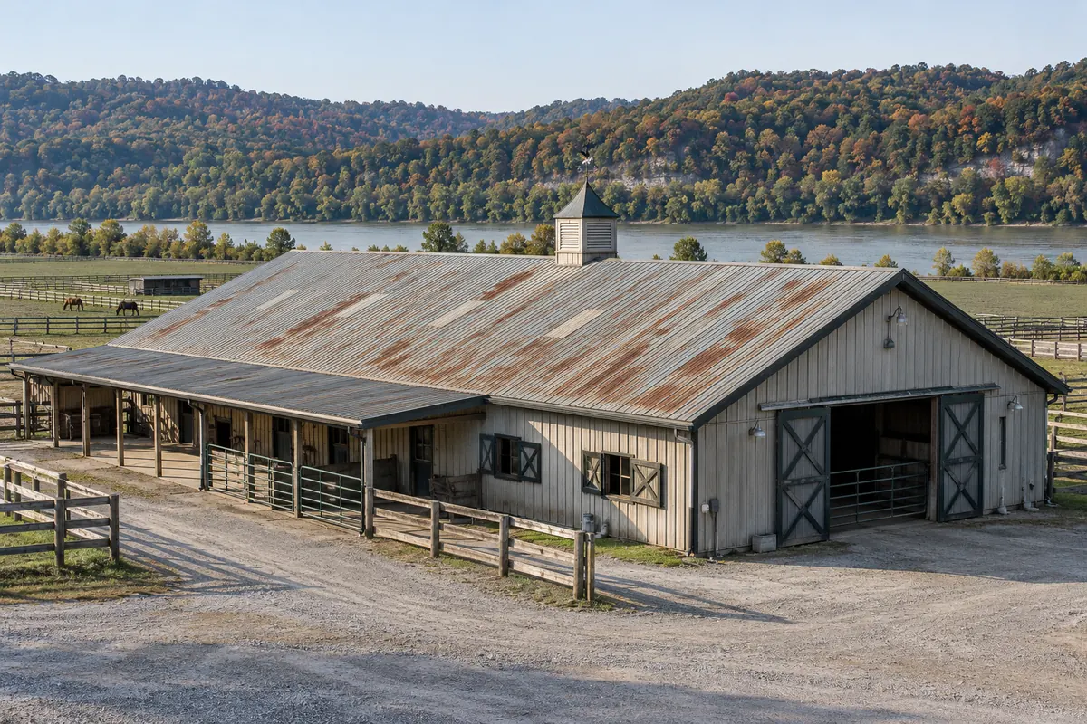 Long metal horse barn with a gravel lane and fenced paddocks
