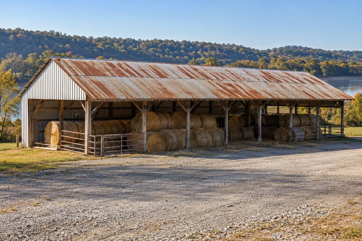 Open-sided hay shed with a rusty metal roof on a gravel lot