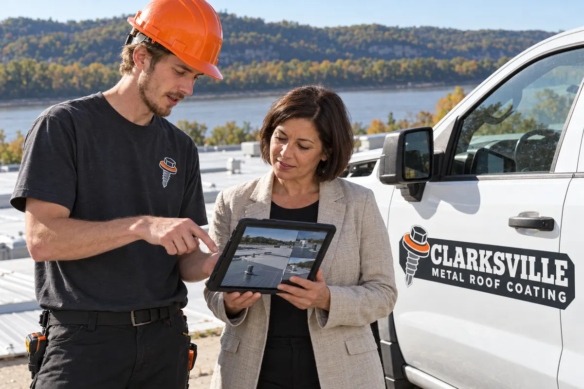 Crew lead showing a building owner roof photos on a tablet beside a work truck